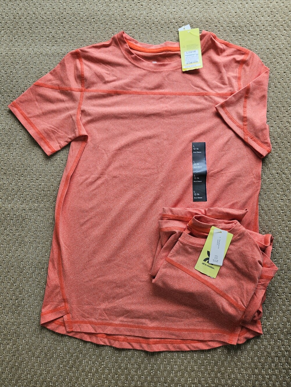 All In Motion girls orange short sleeve moisture wicking shirts NWT - 2 shirts